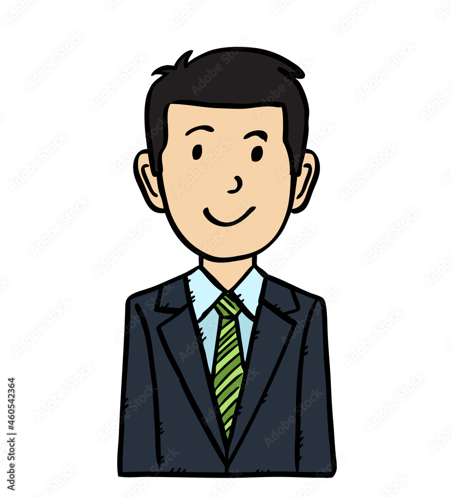 Avatar of happy businessman in suit with black hairs. Hand drawn black and white Vector illustration. Avatar of happy businessman in suit with black hairs. Hand drawn black and white Vector illustration.