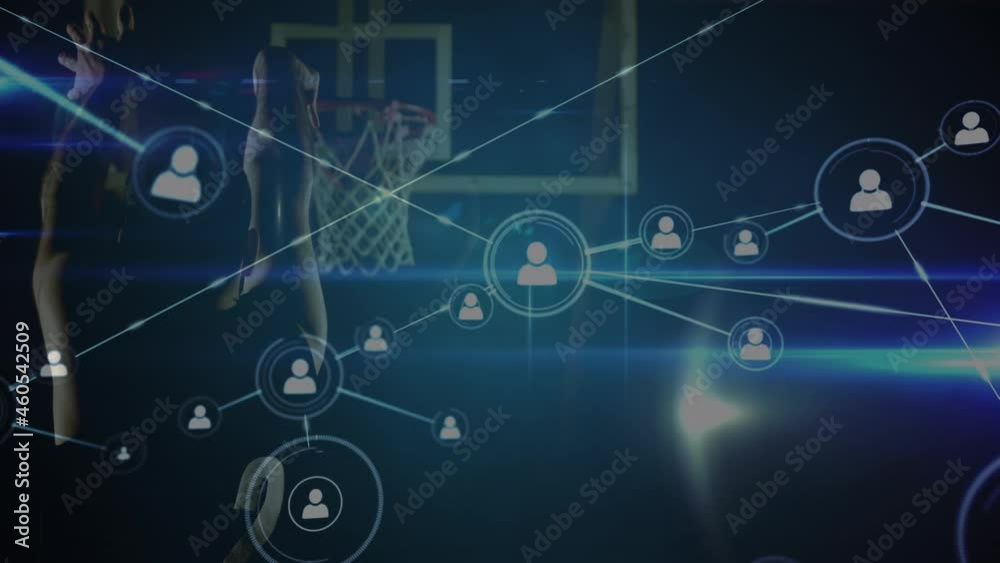 Animation of networks of connections over mixed race male basketball player at gym Animation of networks of connections over mixed race male basketball player at gym