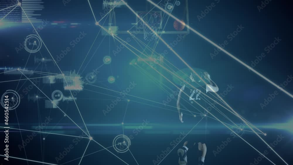 Animation of data processing, networks of connections over mixed race male basketball player at gym Animation of data processing, networks of connections over mixed race male basketball player at gym