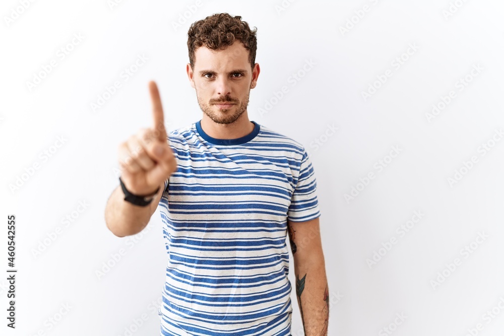 Handsome young man standing over isolated background pointing with finger up and angry expression, showing no gesture Handsome young man standing over isolated background pointing with finger up and angry expression, showing no gesture