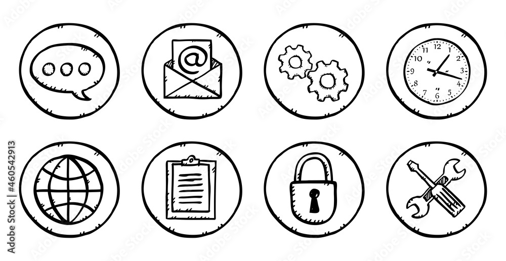 Hand drawn vector icons set of business theme. Sketch style black and white icons illustrations isolated on transparent background. Hand drawn vector icons set of business theme. Sketch style black and white icons illustrations isolated on transparent background.