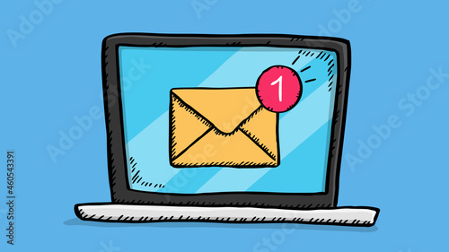 Vector illustration of incoming mail with number of messages on laptop screen. Hand drawn colorful doodle image.