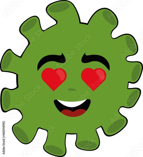 Vector emoticon illustration of a bacteria, virus or microbe cartoon, with eyes in the shape of hearts