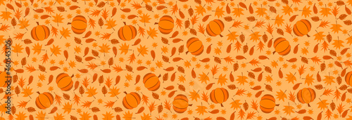Yellowed leaves and pumpkin, seamless pattern. Thanksgiving background. 