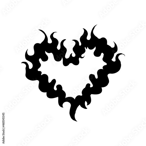 Fiery heart in a trendy gothic style. T-shirt print for Horror or Halloween. Hand drawing illustration isolated on white background. Vector EPS 10