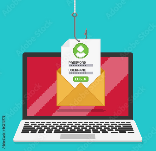 Pixel art vector illustration of Phishing login and password from email with fishing hook on laptop screen.