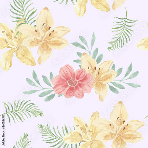 Fototapeta Naklejka Na Ścianę i Meble -  Lily Watercolor Flower Seamless Pattern