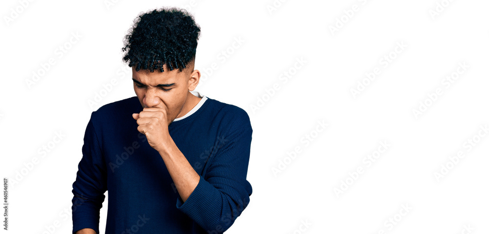 Young african american man wearing casual clothes feeling unwell and coughing as symptom for cold or bronchitis. health care concept.