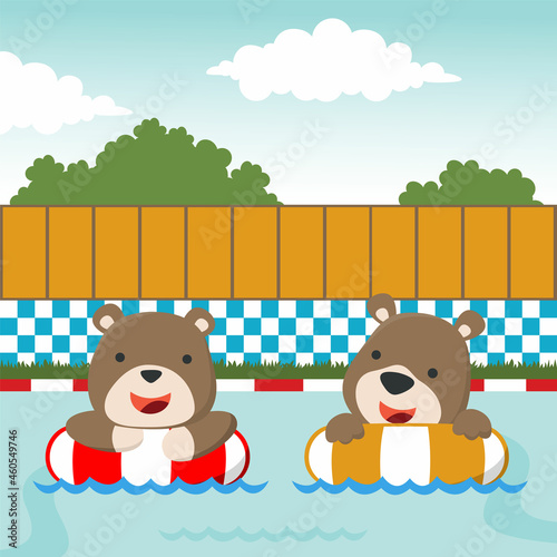 Cute two bear in swimming ring. Summer concept animal cartoon character design ackground, Can be used for t-shirt print kids wear fashion design, fabric textile, nursery wallpaper and other decoration