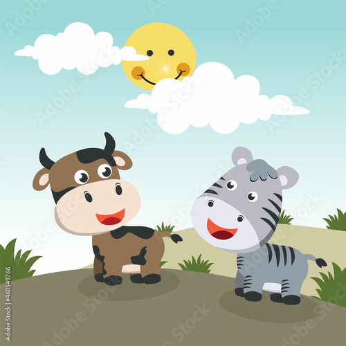 Cartoon wild animals concept  cute cow and zebra in the jungle. Creative vector childish background for fabric  textile  nursery wallpaper  poster  card  brochure. and other decoration.