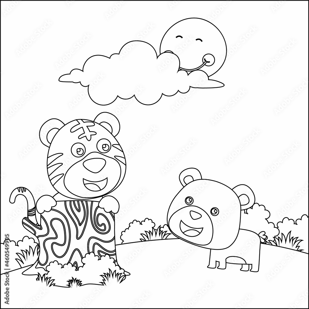 Obraz premium Cartoon wild animals concept, cute tiger and bear in the jungle. Childish design for kids activity colouring book or page.