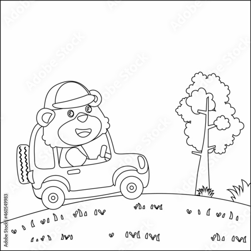 Cute bear driving a car go to forest funny animal cartoon. Childish design for kids activity colouring book or page.