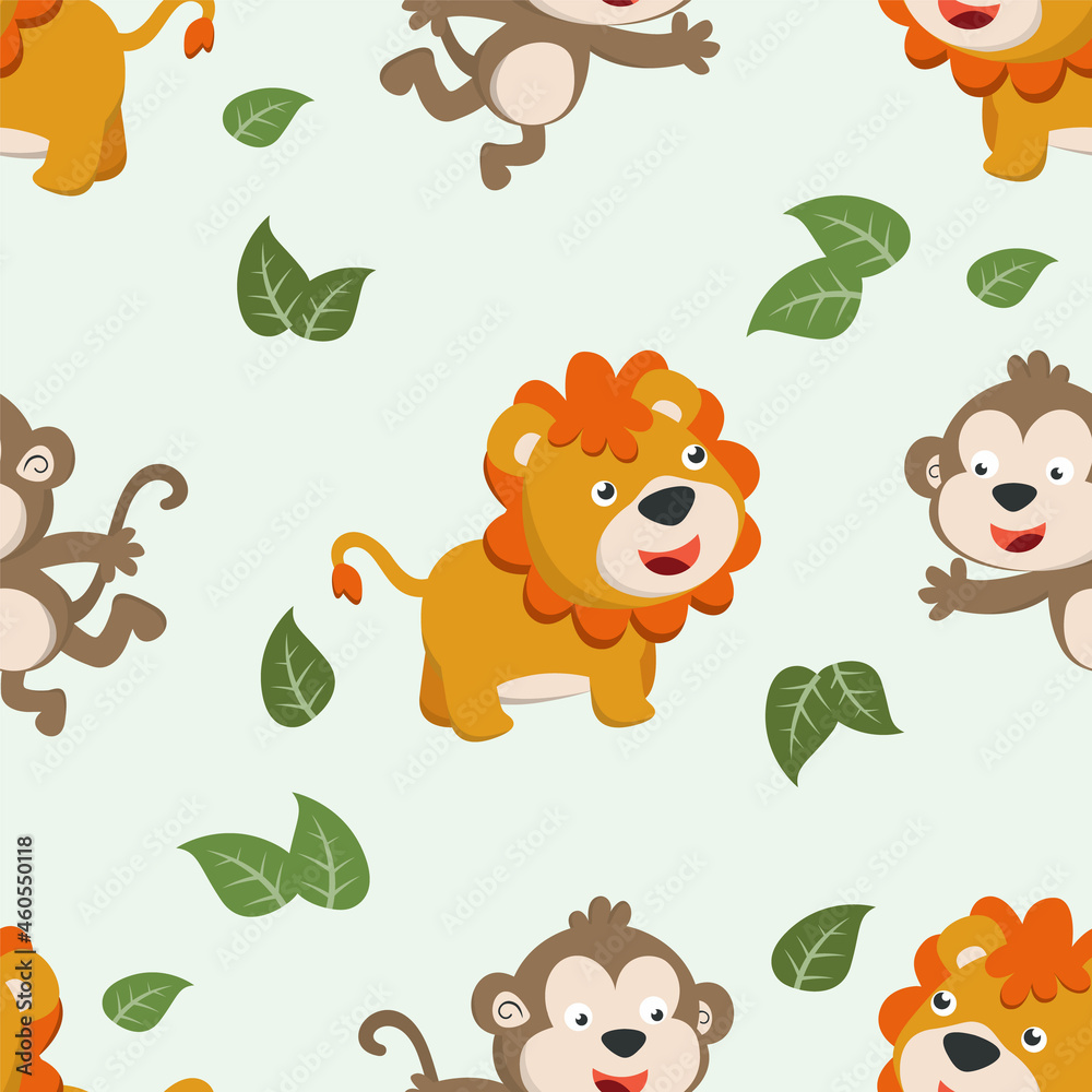 Fototapeta premium seamless pattern of cute lion and monkey in the jungle. Creative vector childish background for fabric textile, nursery, baby clothes, wrapping paper and other decoration.