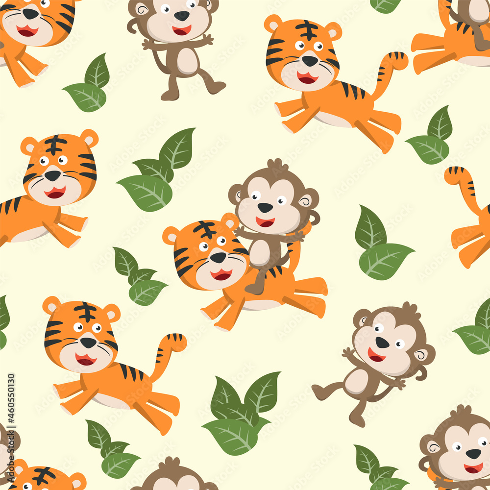 Naklejka premium seamless pattern of cute tiger and monkey in the jungle. Creative vector childish background for fabric textile, nursery, baby clothes, wrapping paper and other decoration.