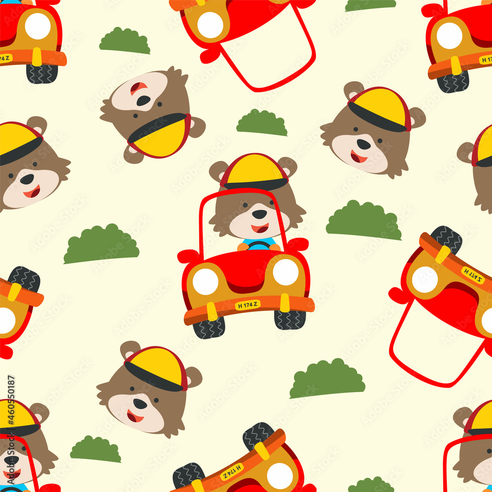 Fototapeta premium Seamless pattern of Cute bear driving a car go to forest funny animal cartoon. Creative vector childish background for fabric textile, nursery, baby clothes, wrapping paper and other decoration.