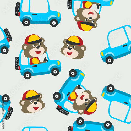 Seamless pattern of Cute bear driving a car go to forest funny animal cartoon. Creative vector childish background for fabric textile  nursery  baby clothes  wrapping paper and other decoration.