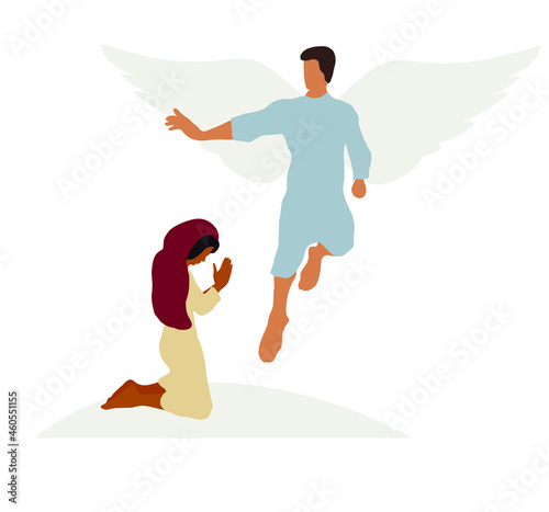 Bible narratives about the Annunciation to the Blessed Virgin Mary. Angel biblical religious character archangel Gabriel appearing to virgin Mary and announce that she will become the mother of Jesus