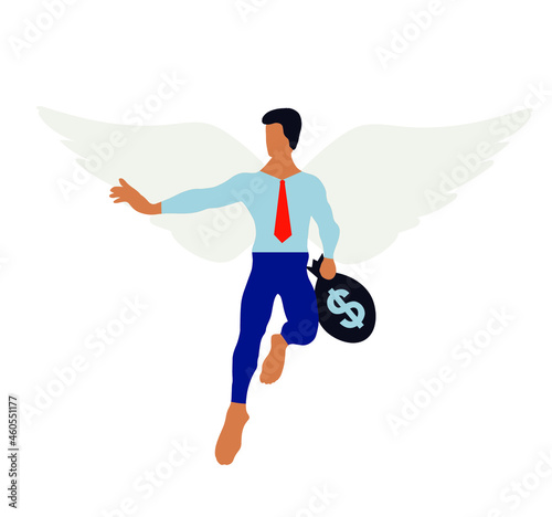 Angel investor flying bring money in sack. Angel sponsor investing money in startup. Investor giving financial support to entrepreneur. Vector illustration for business, investment, funding concept