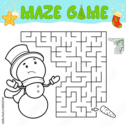 Christmas Maze puzzle game for children. Outline maze or labyrinth game with christmas Snowman.