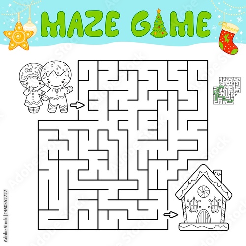 Christmas Maze puzzle game for children. Outline maze or labyrinth game with christmas Gingerbread man and Gingerbread house.