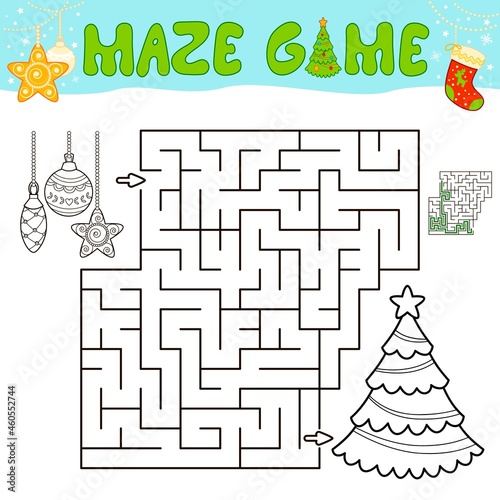 Christmas Maze puzzle game for children. Outline maze or labyrinth game with christmas tree and decorations.