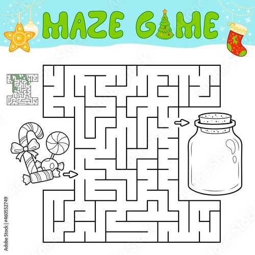 Christmas Maze puzzle game for children. Outline maze or labyrinth game with christmas Candy.