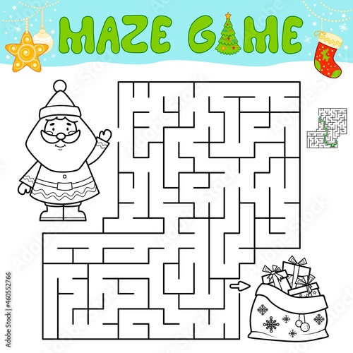 Christmas Maze puzzle game for children. Outline maze or labyrinth game with Santa claus.