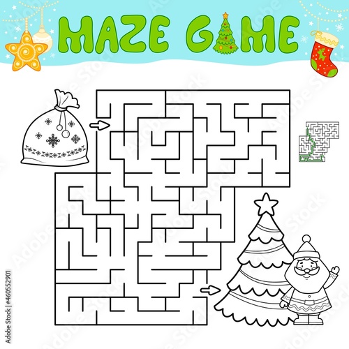 Christmas Maze puzzle game for children. Outline maze or labyrinth game with christmas bag.