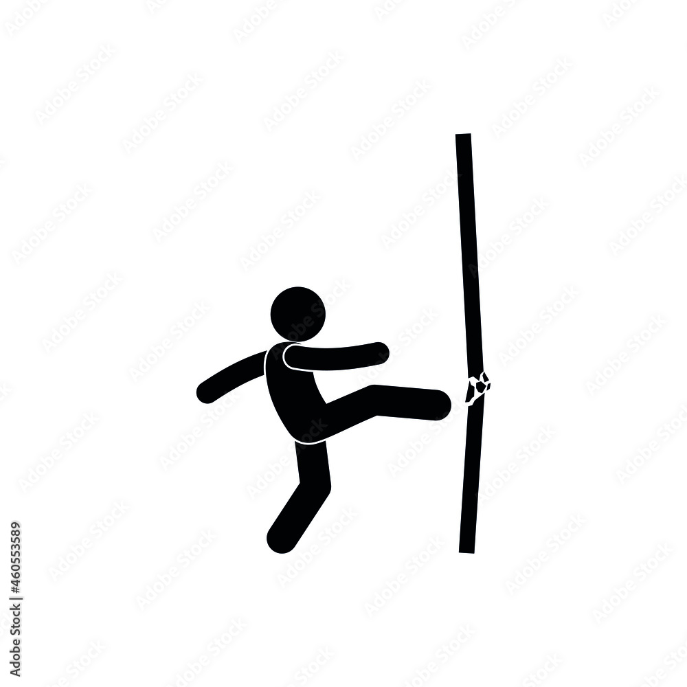 man breaks the wall, overcoming obstacles icon, stick figure human silhouette kicks with foot