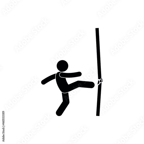 man breaks the wall, overcoming obstacles icon, stick figure human silhouette kicks with foot