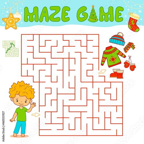 Christmas Maze puzzle game for children. Maze or labyrinth game with Christmas boy.