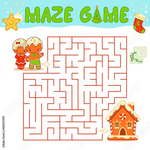 Christmas Maze puzzle game for children. Maze or labyrinth game with Christmas Gingerbread man and Gingerbread house.