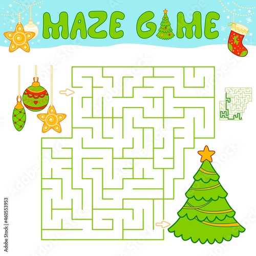 Christmas Maze puzzle game for children. Maze or labyrinth game with Christmas tree and decorations.