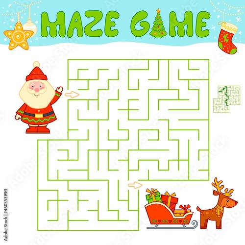 Christmas Maze puzzle game for children. Maze or labyrinth game with Christmas Santa claus.