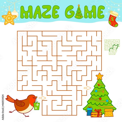 Christmas Maze puzzle game for children. Maze or labyrinth game with Christmas Bird.
