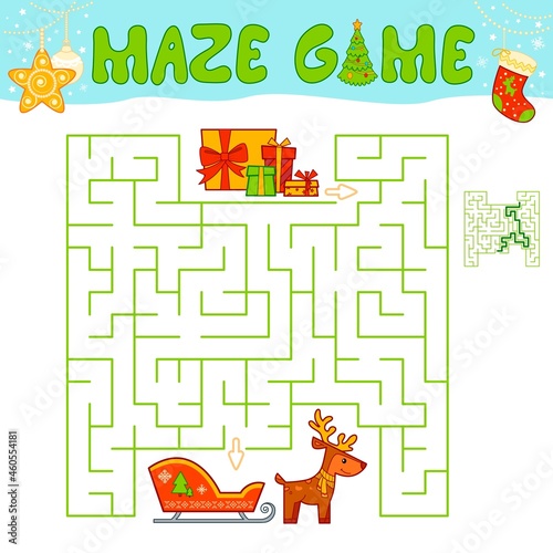 Christmas Maze puzzle game for children. Maze or labyrinth game with Christmas sleigh.