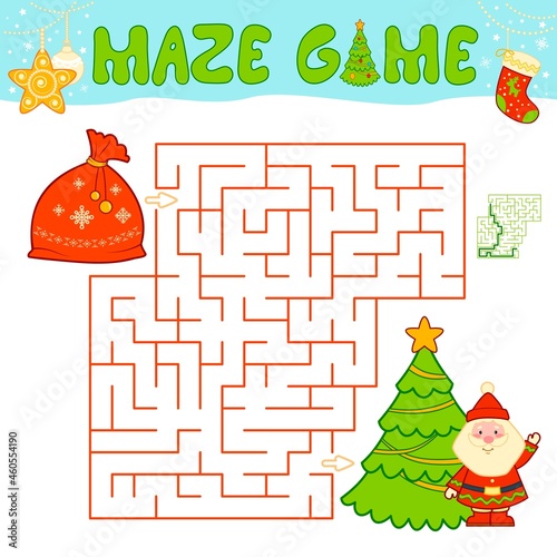 Christmas Maze puzzle game for children. Maze or labyrinth game with Christmas bag