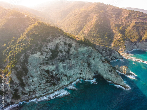 Breathtaking aerial scenery over the rocky beach of Mavraki in Skopelos island, Greece. Sporades, Greece
