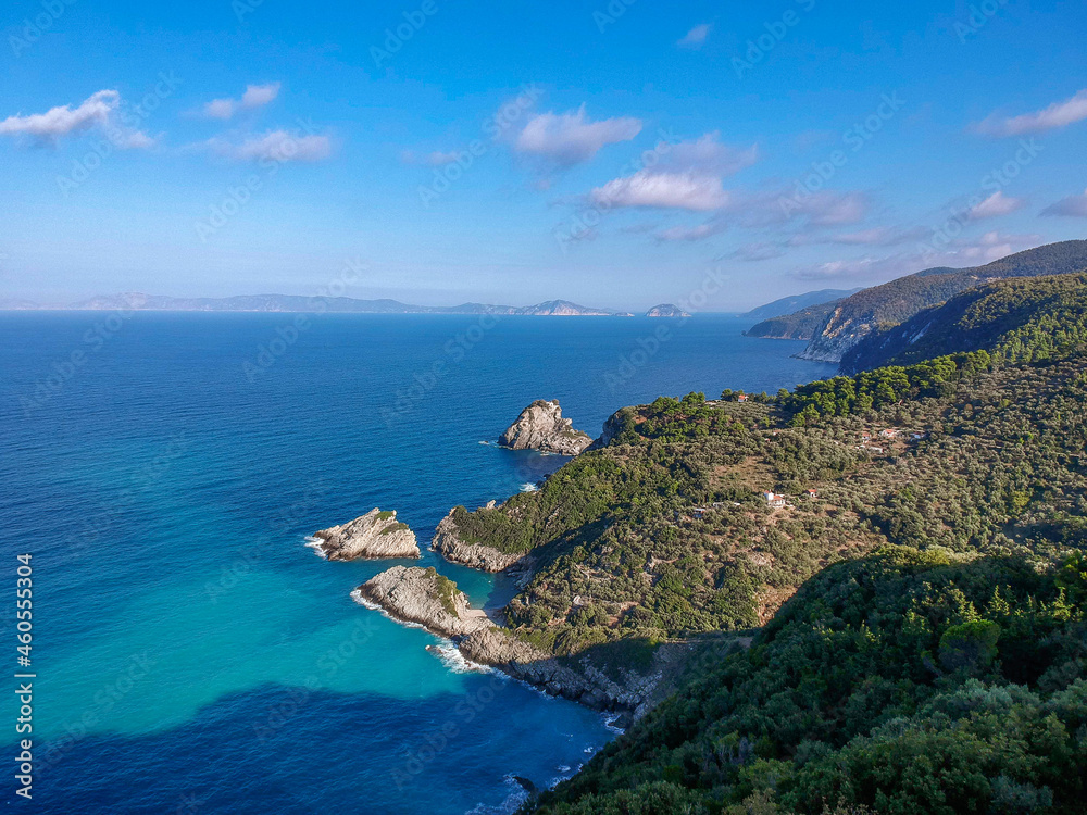 Fototapeta premium Breathtaking aerial scenery over the rocky beach of Mavraki in Skopelos island, Greece. Sporades, Greece