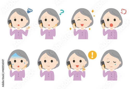 An old woman talking on the phone.