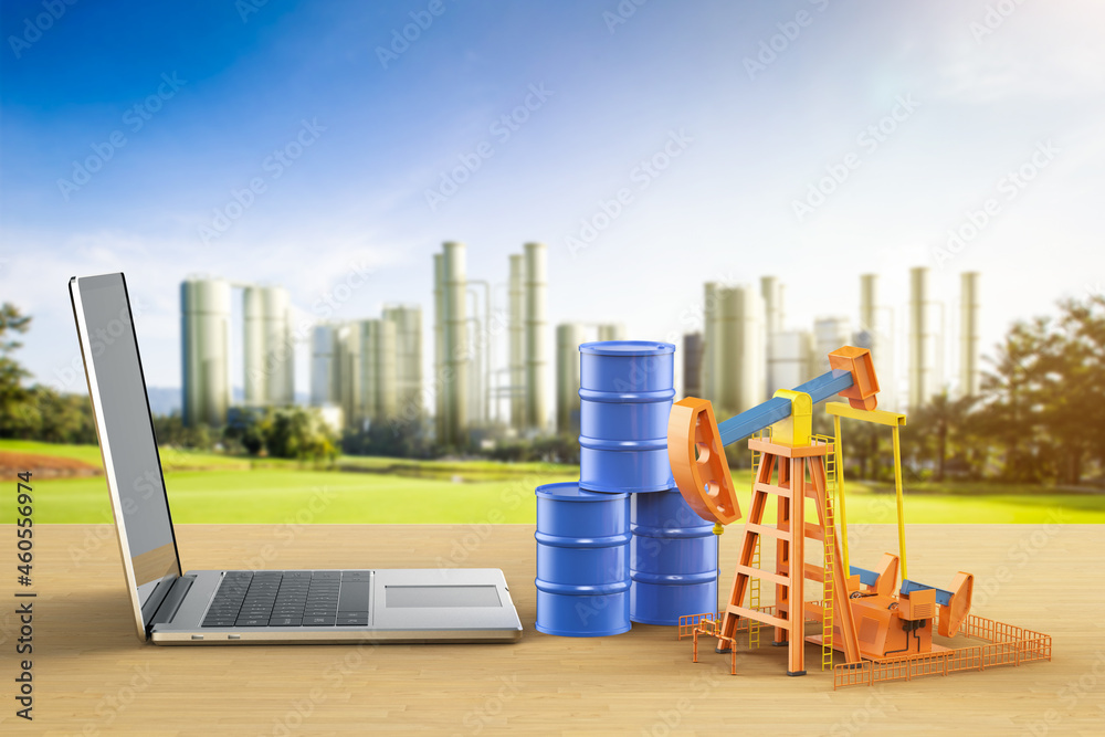 Petroleum industry business concept with notebook and oil refinery Petroleum industry business concept with notebook and oil refinery