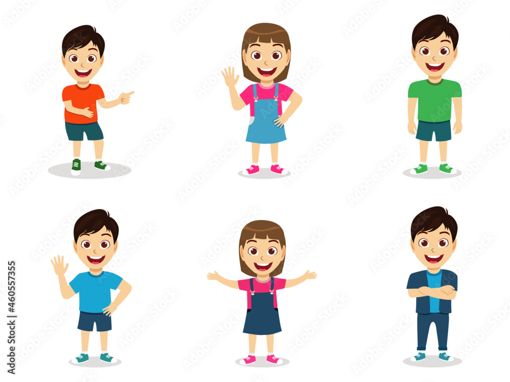 Happy cute cheerful kid boy and girl characters set wearing beautiful outfit standing an waving posing isolated