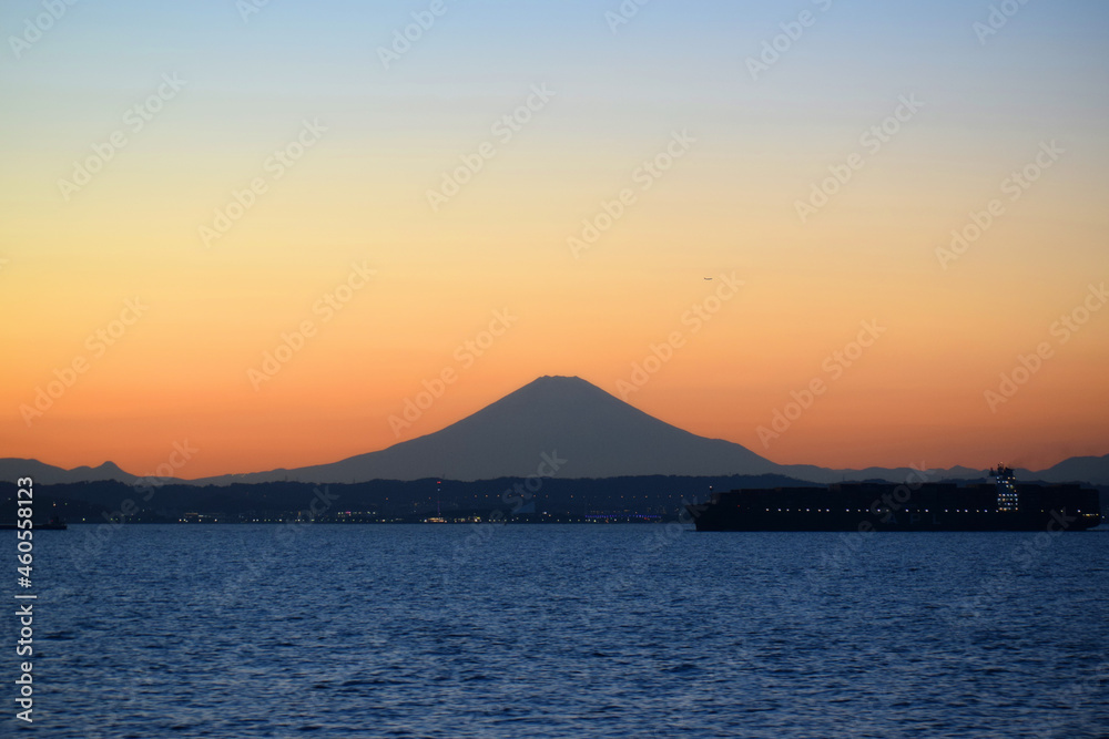 海からの富士山夕景