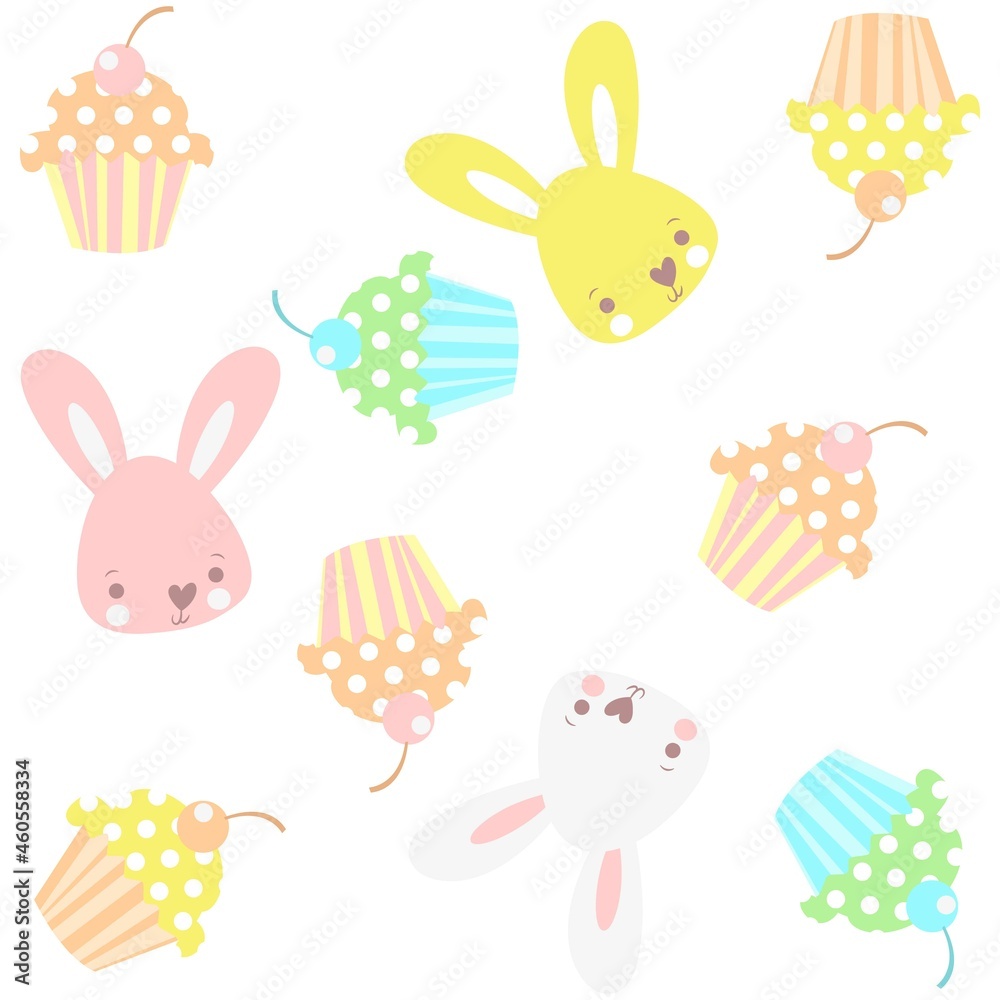 Fototapeta premium Cute rabbit and muffin pattern in colors pattern baby design.