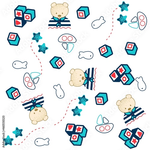 Cute bear ship fish and toys kids pattern design.