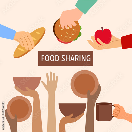 Food sharing to poverty in flat design. Food donation concept. Kindness and generosity to poor people.