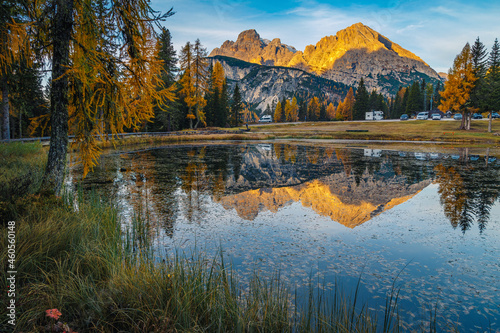 Admirable autumn sunrise landscape with Antorno lake in Dolomites, Italy