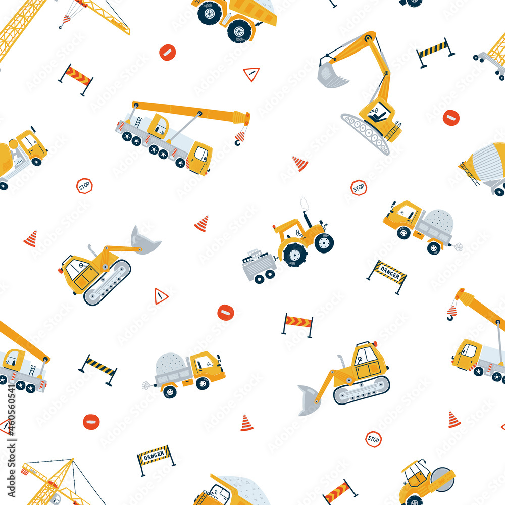 Cute children's seamless pattern with yellow car dump truck, crane, road, signs on white background. Illustration construction site in cartoon style for wallpaper, fabric, and textile design. Vector
