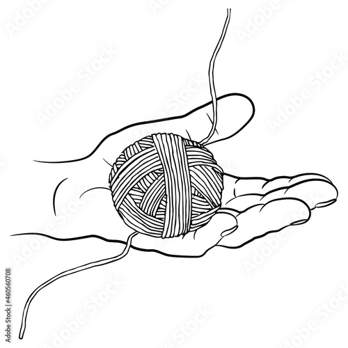 Human hand with open palm holding yarn ball. Ariadne thread. Black and white linear silhouette. Creative concept.