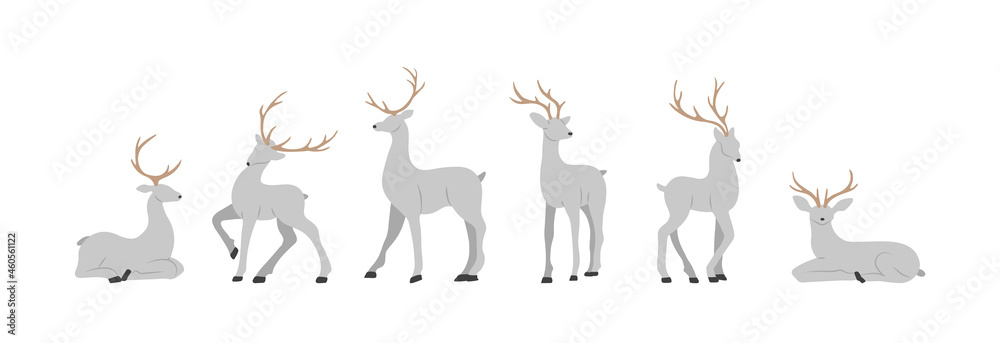 Obraz premium Silhouettes of grey reindeers. Cute deers with antlers standing and jumping. Vector illustration in flat cartoon style.